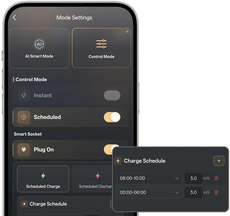 Illustrative HISA app mode settings and charge schedule screen