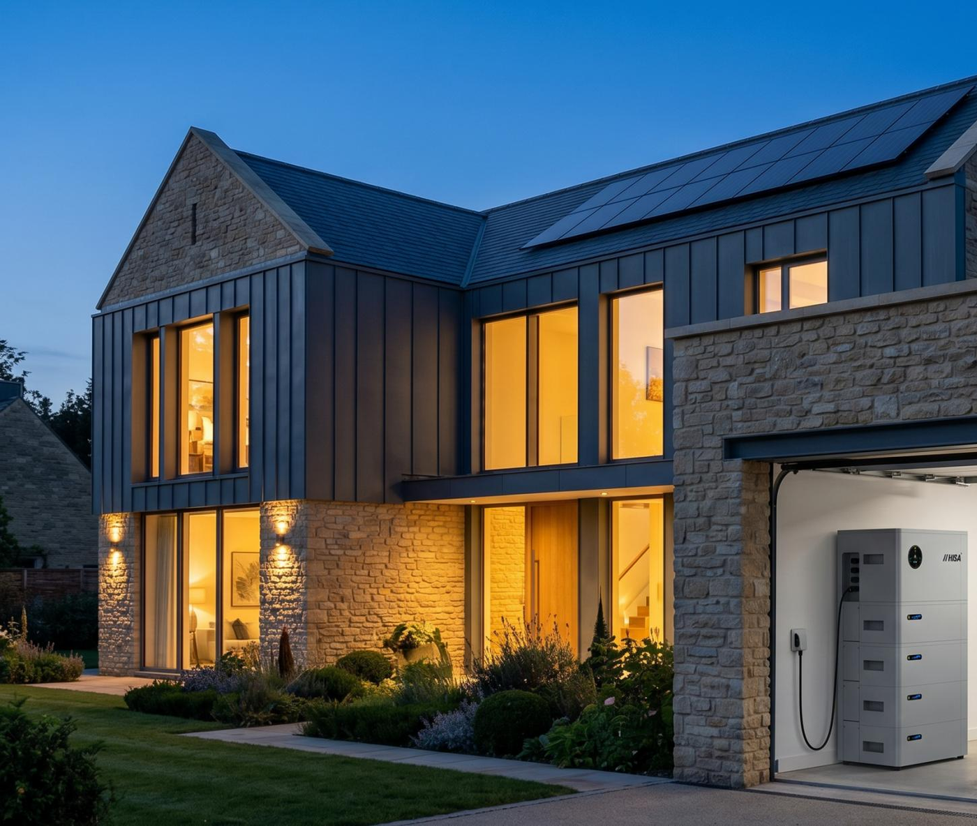 HISA home-energy illustration with rooftop solar and battery storage