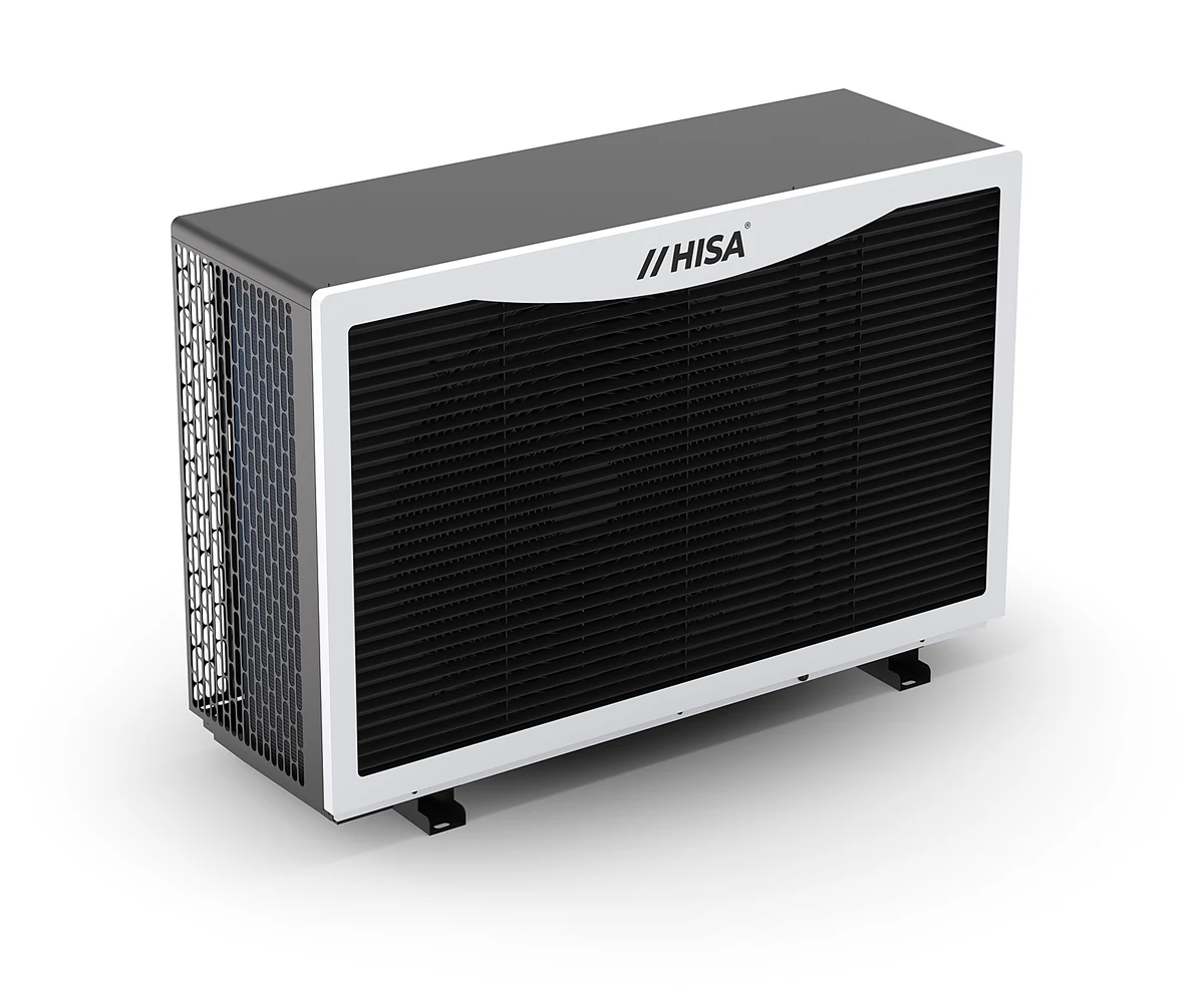 HISA R290 single-fan heat pump product render, representing the 6, 8 and 12 kW family
